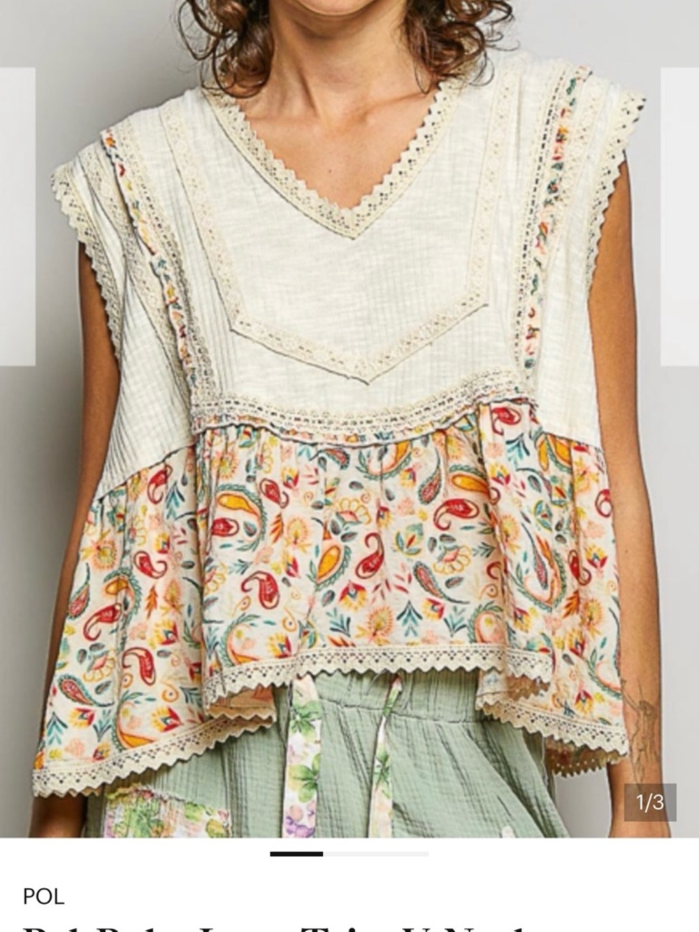 Pol-Boho Lace-Trim V-Neck Peasant Top - Cream with Multicolor Floral